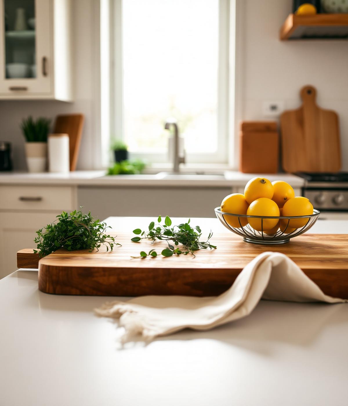 A bright home kitchen counter with herbs, lemons and a wooden board